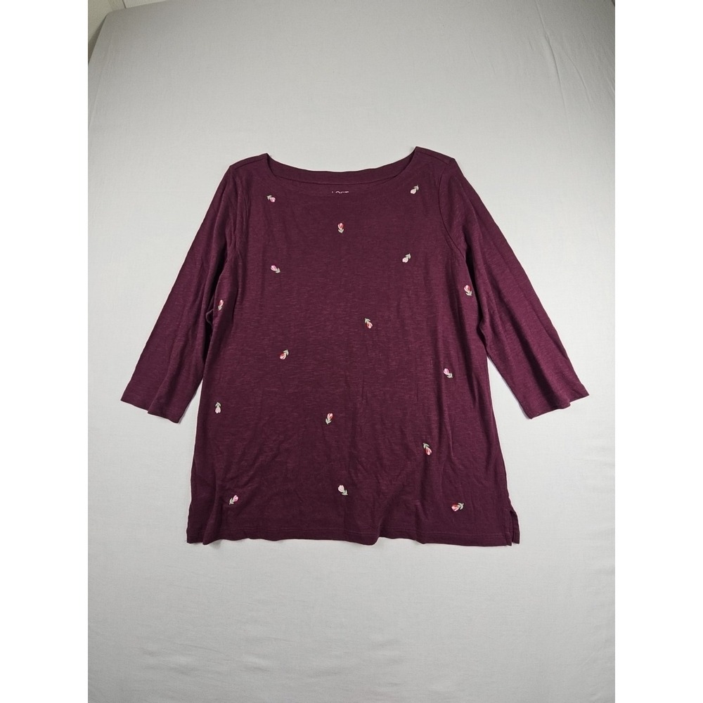LOFT‎ JERSEY Sz XL PLUM BURGUNDY EMBROIDERED TULIPS FLOWERS 3/4 SLEEVE COTTON